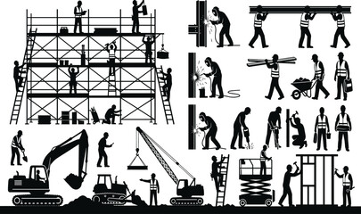 Obraz premium Construction workers and heavy machinery silhouette set with builders scaffolding excavator crane and welders icons