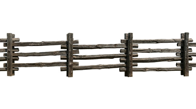 Rustic wooden split rail fence segment, isolated on a transparent background for easy use.