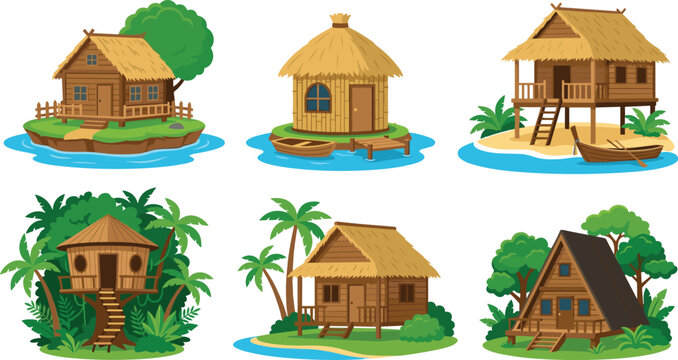 Tropical Wooden Bungalow and Bamboo Hut Vector Set Featuring Island Cabins Beach Stilt Houses and Jungle Treehouse Designs