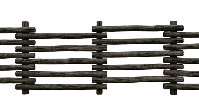 Isolated weathered wooden split rail fence with a transparent background.