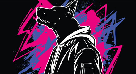 Stylish Black Cat with Neon Graffiti Background in Urban Street Art Scene. © rizkain