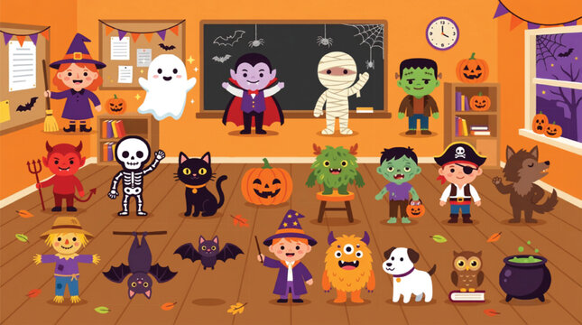 Cute spooky christmas characters set with skeleton santa zombie gingerbread man witch frankenstein elf and pumpkin reindeer in winter night background with fireplace