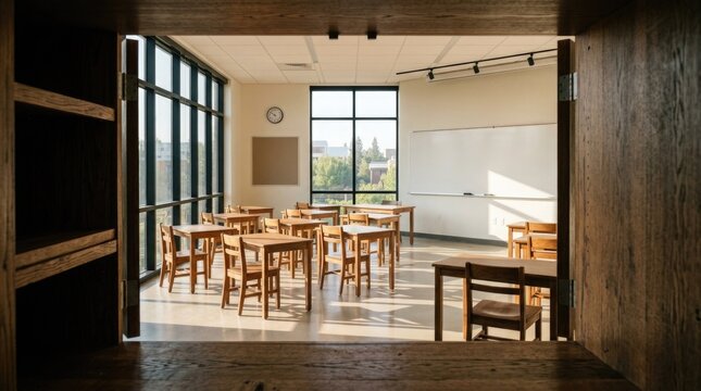 Bright classroom ready for back to school welcoming learning environment for students and teachers