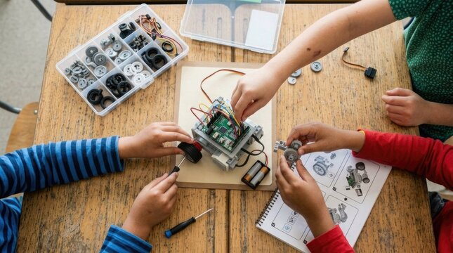 Back to school collaborative stem learning with robotics kit for kids and educational projects