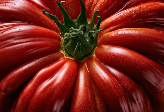 Extreme close-up macro of a ripe red, ribbed, heirloom tomato