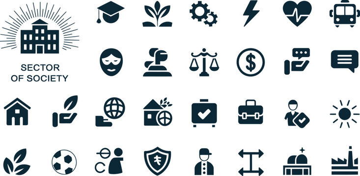 Society icons set highlights various symbols representing the core sectors of human community.
