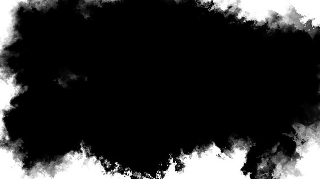 Black ink smoke border background rough grayscale edges, white outer frame, empty center space text. horror titles, grunge dramatic intros, artistic overlays, paper reveals, dark cinematic effects.