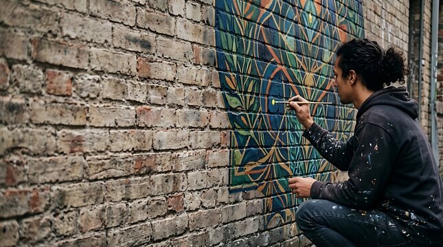 Artist Painting Vibrant Geometric Mural on Urban Brick Wall