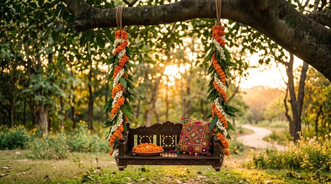 Traditional Kajari Teej Background with a Floral Decorated Swing Hanging from Green Tree Branches in a Lush Monsoon Garden Setting