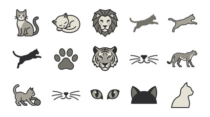 Collection of domestic and wild cat line art icons. © raka