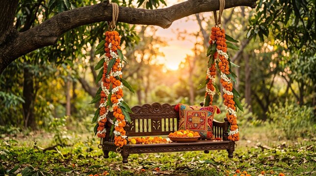 Traditional Kajari Teej Background with a Floral Decorated Swing Hanging from Green Tree Branches in a Lush Monsoon Garden Setting