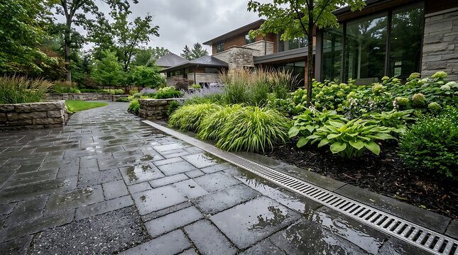 Stone pathway leading to a modern luxury house with green garden and landscaping. yard drainage solutions
