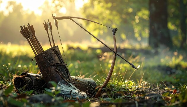 Ancient hunting bow and quiver with arrows resting on the forest floor in warm, golden sunlight