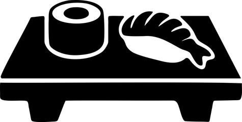 Black and White Icon of Sushi and Maki Roll on a Tray © xadartstudio