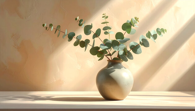 Eucalyptus plant in a vase with soft light and shadow play