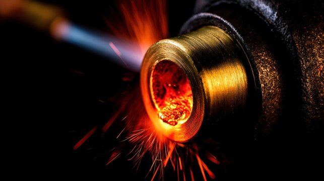 brazed. Close-up of brass being brazed to iron with glowing molten metal and sparks. safety posters, maintenance manuals, designed for industrial assembly lines and welding operations.