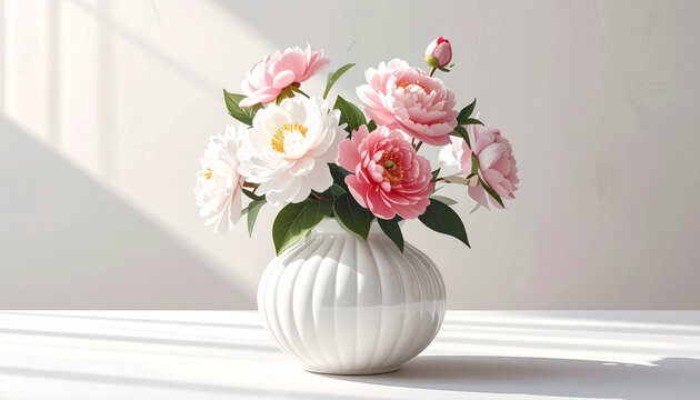 Soft pink and white flower arrangement in a ribbed white vase