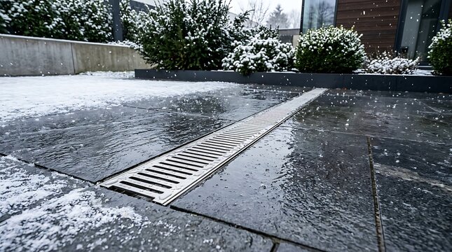 Metal storm drain grate on a wet paved sidewalk during a rainy day in the city. yard drainage solutions