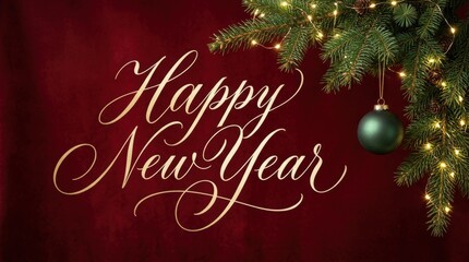 Fototapeta premium Elegant Happy New Year greeting with festive fir branches and lights