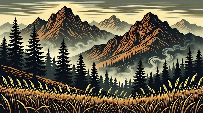 Mountain landscape illustration with fir trees, grassy meadow foreground. Rocky peaks rise above misty valley during morning light. Artistic pyrography texture style creates serene nature view.