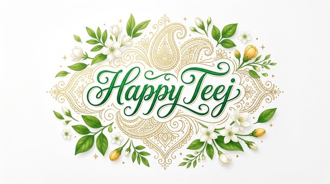 Happy teej calligraphy greeting card design with floral elements