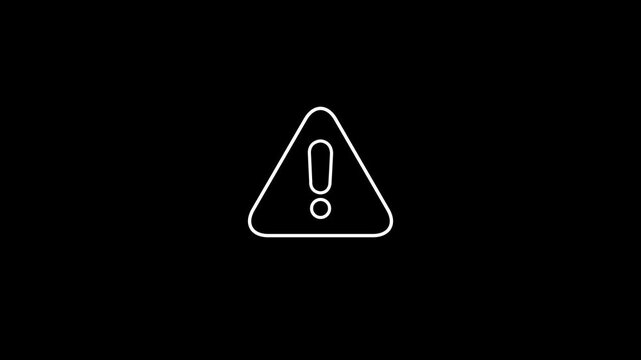 Minimalist warning sign animation: white exclamation mark in triangle on black background, caution alert