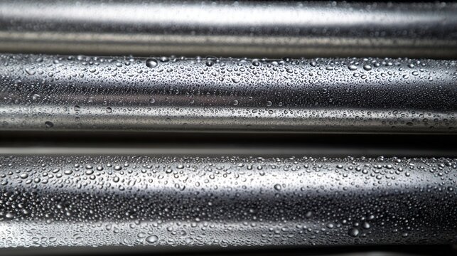 evaporator. Stainless steel evaporator pipes covered with fine, condensed water droplets. safety posters, maintenance manuals, designed for industrial assembly lines and welding operations.