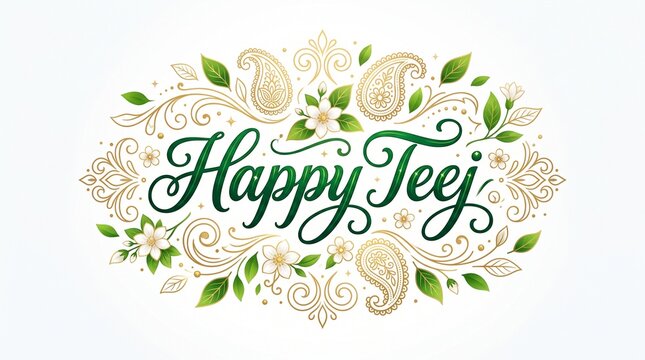 Happy teej calligraphy greeting card design with floral elements