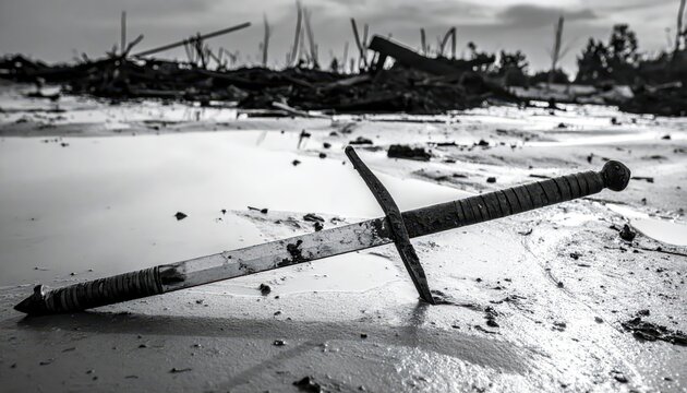 Ancient longsword stuck in muddy ground near debris, representing battlefield aftermath and historical conflict