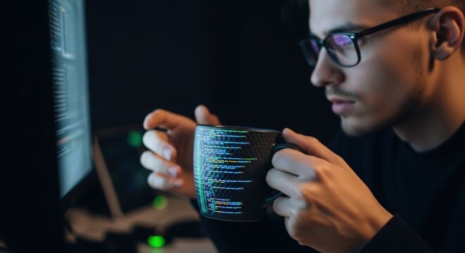 Programmer Drinking Coffee While Coding Late At Night.