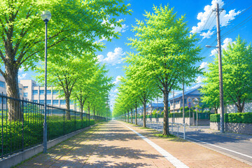 Obraz premium 新緑が美しい学校沿いの並木道と青空の夏風景 アニメ風イラスト