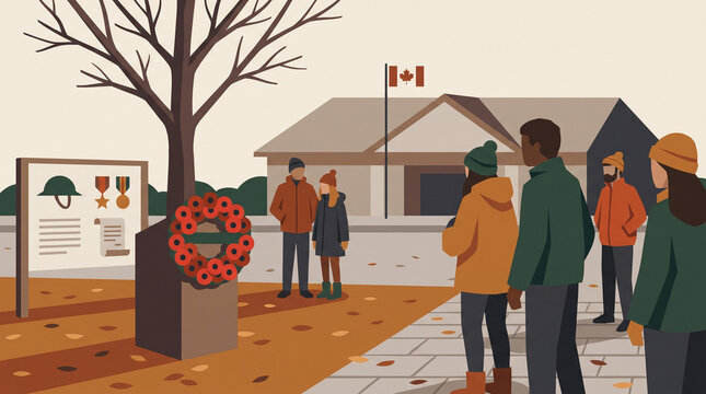 West Jakarta, Indonesia - July 19, 2026: A group of people gather to commemorate Veterans Day in front of a monument with a red poppy wreath and the Canadian flag.