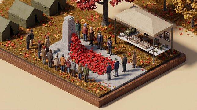 West Jakarta, Indonesia - July 19, 2026: Miniature diorama showing a ceremony laying thousands of red poppy flowers at a war veteran memorial monument.