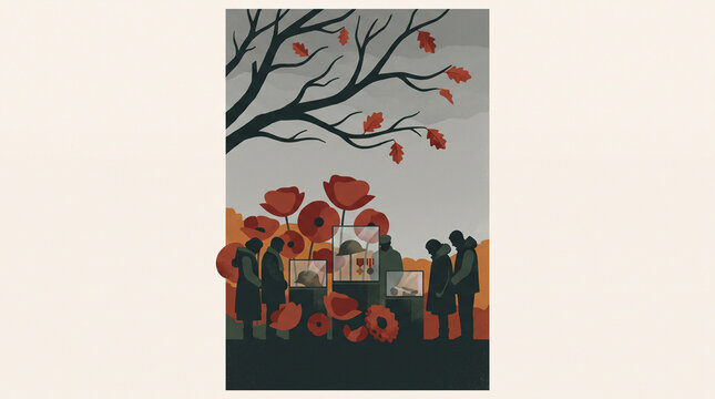 West Jakarta, Indonesia - July 19, 2026: Graphic illustration of people observing a moment of silence near military helmet showcases and giant poppy flowers.