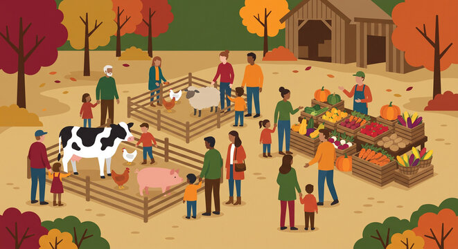 Various citizens visit an educational petting zoo and local farmers market selling pumpkins Cucurbita pepo carrots Daucus carota and corn Zea mays
