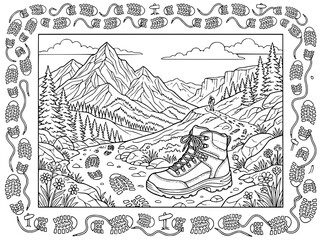 Naklejka premium Hiking Adventure Coloring Page with Mountain Landscape and Boot