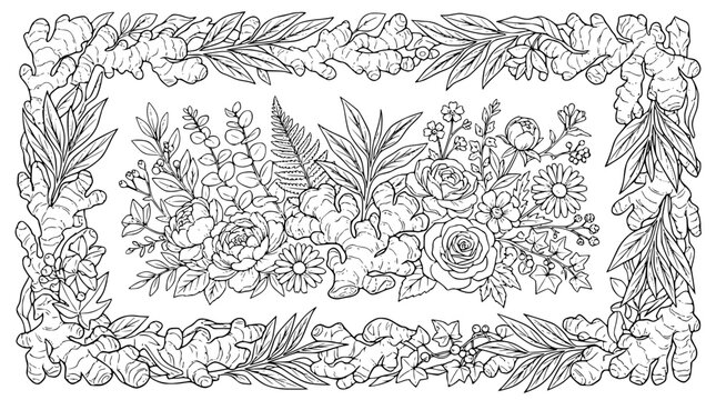 Ginger Root and Botanical Floral Border Coloring Page Illustration