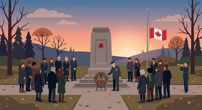 West Illustration of citizens gathering to pay respects at a Remembrance Day monument with a Canadian flag at half-mast during twilight