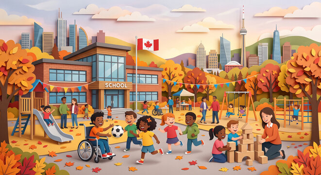 Inclusive children playing cheerfully in the schoolyard against the backdrop of Toronto Canada cityscape in papercut art style