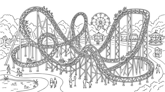 Amusement Park Scene with Roller Coaster Coloring Page Illustration