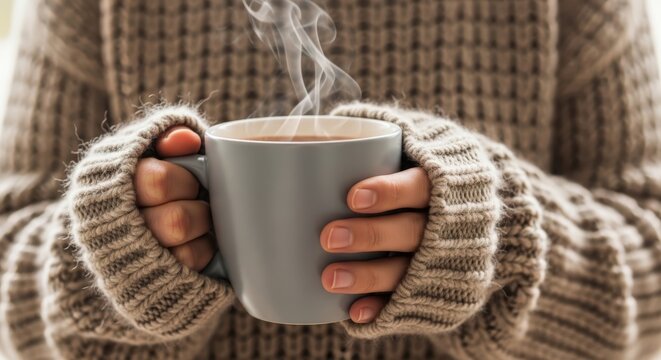 Woman holding steaming hot coffee cup.