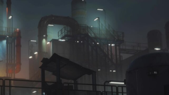The scene shows an industrial area at night. Structures are partially obscured by fog. Lights illuminate parts of the site. The view is dark with minimal visibility and a sense of mystery.