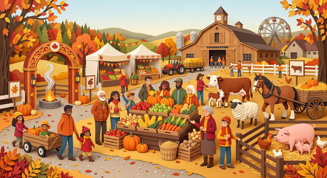 Crowded autumn night market at a Canadian farm with a ferris wheel pumpkin stalls vegetables and cute farm animals