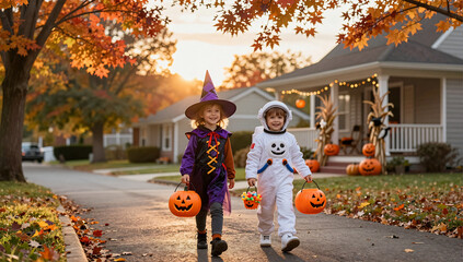 Obraz premium Joyful Children in Halloween Costumes Trick or Treating at Sunset