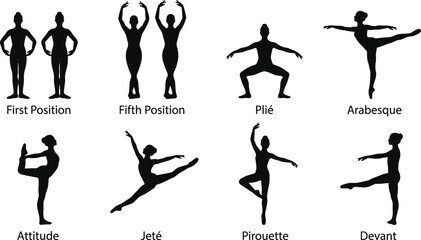 Classical ballet dance positions silhouette icon collection featuring black vector shapes of plie arabesque jete pirouette and attitude postures © Mehedi