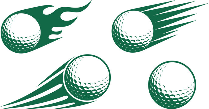 flying golf ball sport icon set featuring dynamic motion, golf swing and tournament symbols in modern vector illustration style