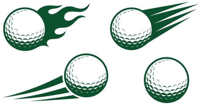 dynamic flying golf ball vector icon collection for sports, championship, golfing equipment and athletic competition design concepts