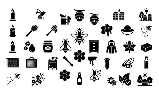 Premium Honey Production and Apiary Glyph Icons Featuring Bees Hive and Beekeeping Equipment