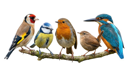 Fototapeta premium Five colorful birds perched on a tree branch together outdoors transparent background
