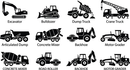 Heavy construction machinery vehicle silhouette icon set featuring black vector shapes of excavator bulldozer dump truck crane and mixer © Mehedi